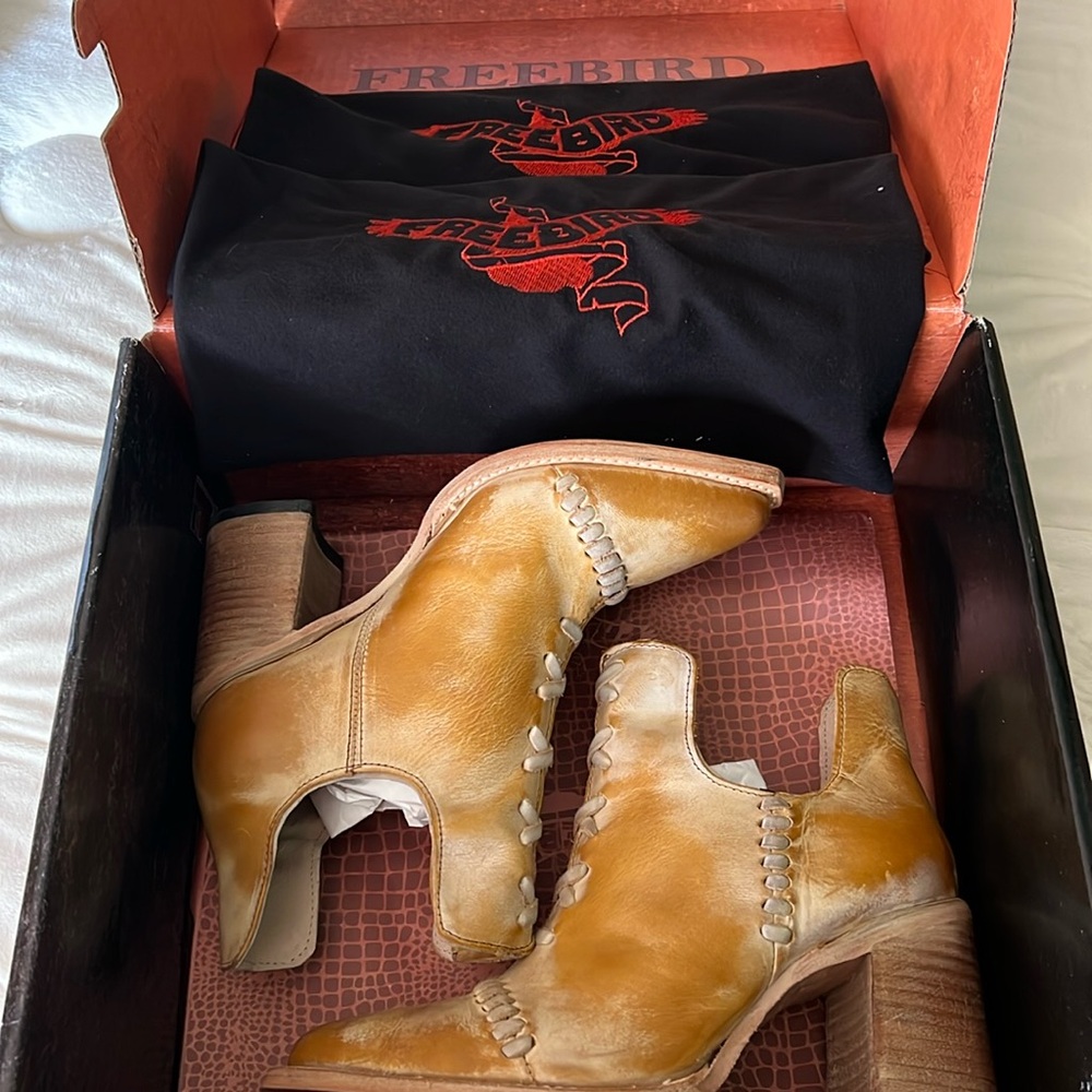 freebird Tan Leather Heeled Ankle Boots with Stacked Heel